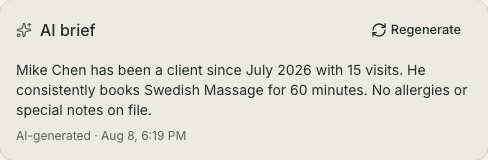 A RewireBox client profile's AI brief — a plain-English summary of who the client is, what they book, and any notes on file.