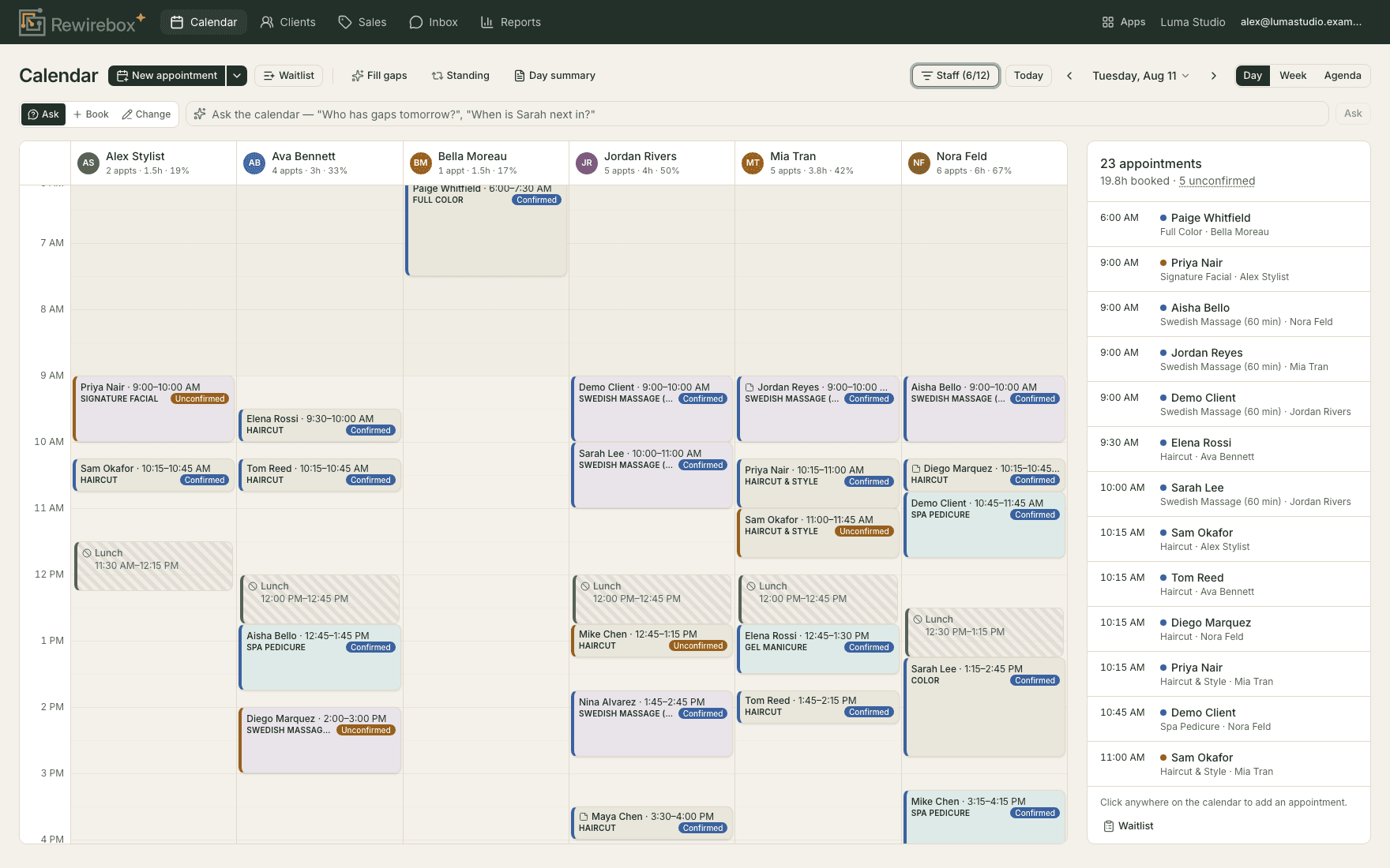 RewireBox calendar — a booked mid-week day across six stylists, colour-coded by status.